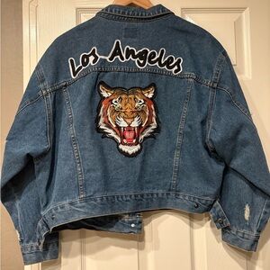 BOOM BOOM JEANS Oversized Jean Jacket Size L Embroidered Tiger 78 Patches Retro